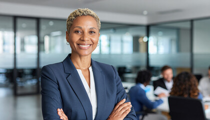 Vertical portrait of confident businesswoman with crossed arms smiling at camera. 