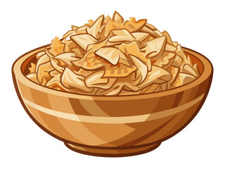 vector of Wooden bowl full of chopped chicken. This bowl is made of light colored wood and has a smooth finish. grated chicken