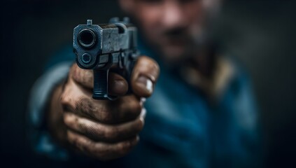 Close-up of a hand holding a gun, pointing at the camera, with the focus on the weapon and hands