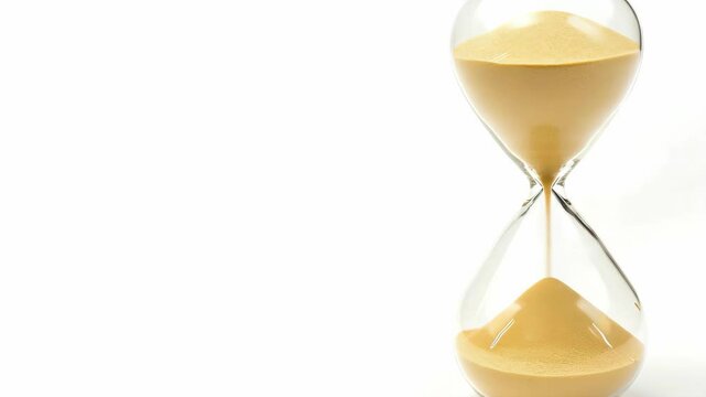 A sand timer is sitting on a white background. The timer is half full of sand