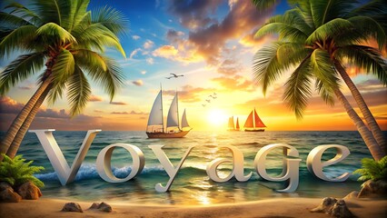 Word Voyage written on image with palm trees and sailboats over clear ocean waves expressing concept of travel inspiration beach holidays tropical exploration and exotic getaway for marketing and ads