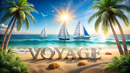 Scenic ocean view with sailing boats and tropical background featuring the word Voyage representing travel dreams adventure destinations relaxation and creative design template for travel agency ads