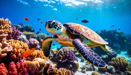 Vibrant Sea Turtle in a Coral Reef Paradise