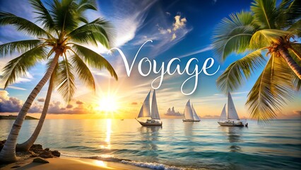 Tropical seascape with sailboats palm trees and the word Voyage symbolizing travel adventure vacation freedom and summer escape perfect for travel promotions ocean themed designs and holiday ads