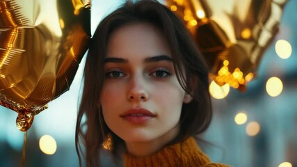 Woman with red lipstick holding gold balloons in a lighted setting.