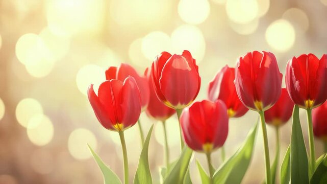 A close-up of vibrant red tulips blooming against a blurred background with sunlight lens flares, capturing the essence of spring beauty.