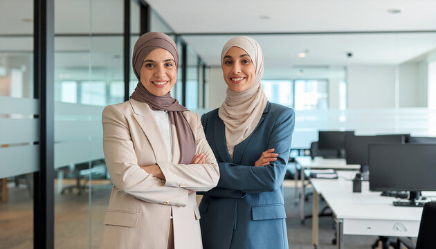Vertical portrait of confident two businesswoman with crossed arms smiling at camera. 