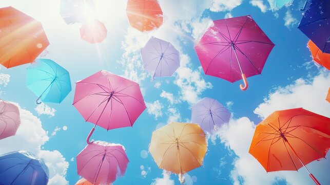 A vibrant inspired depiction of image of colorful umbrellas floating in the sky