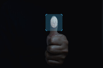 Hand using fingerprint scan technology for biometric identification, digital security authentication, representing modern cyber protection, privacy system. Fingerprint scan for secure access identity.