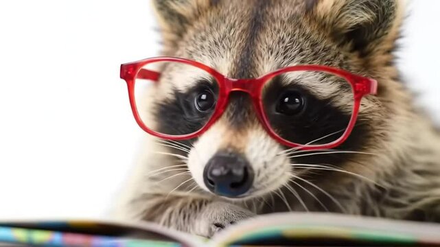 Raccoon with red glasses looking cute and comically intelligent
