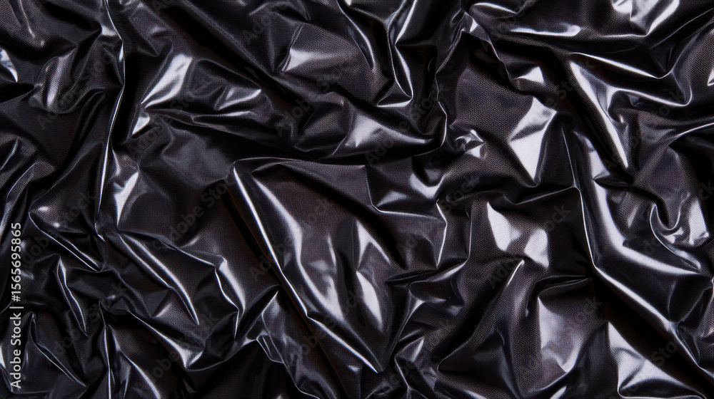 Poster dark shiny wrinkled fabric as a reflective background material. glossy crumpled texture for abstract