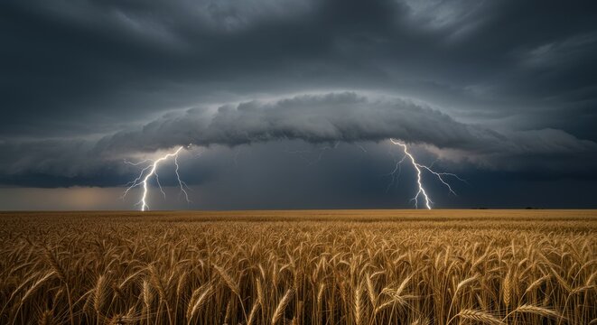 Dramatic thunderstorm strikes over a golden wheat field illuminating the sky
