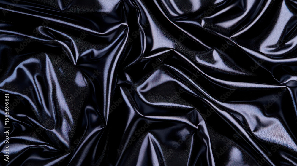 Poster flat lay texture of black shiny latex fabric with abstract creased folds and ripple wavy surface. fa