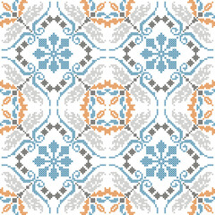 Decorative tiles in a seamless, elaborate, pixelated Geometric flower that is smooth tile design in the Mediterranean style in shades of blue, gray, and orange