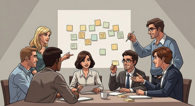 Business team engaged in a brainstorming session around a whiteboard covered with sticky notes.