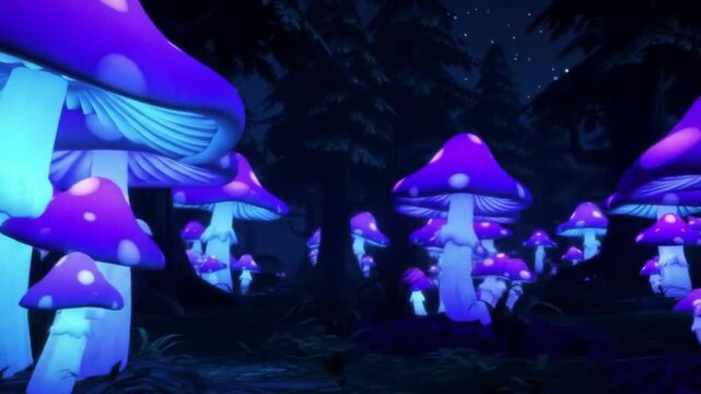 Neon mushrooms glowing in magical dark enchanted forest
