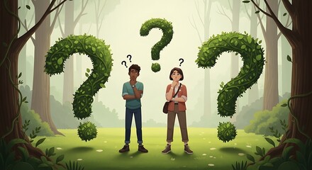 Two children ponder amidst large, leafy question marks in a tranquil forest.