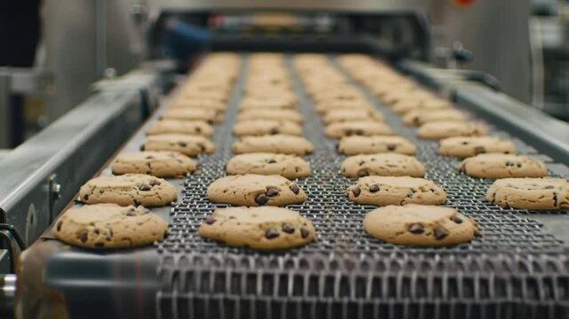 Chocolate chip cookies baking on oven conveyor belt in factory

