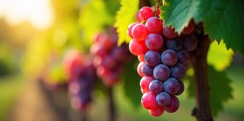 Close-up of ripe, sun-drenched wine grapes hanging on the vine, ready for harvest Vibrant colors and textures showcase the fruit's perfect condition , leaf, nature