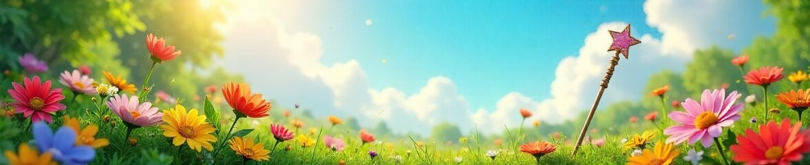 A whimsical summer scene featuring a decorative wand resting amidst vibrant wildflowers and lush greenery under a bright sunny sky Perfect for fantasy, magical, and whimsical themes , flora, summer