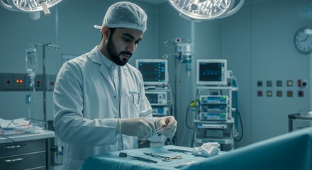 Focused surgeon prepares surgical instruments in a modern operating room, showcasing precision and sterile environment.