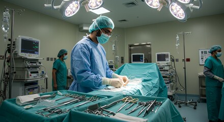 Focused surgeon performs delicate procedure in a modern operating room, assisted by a surgical team.