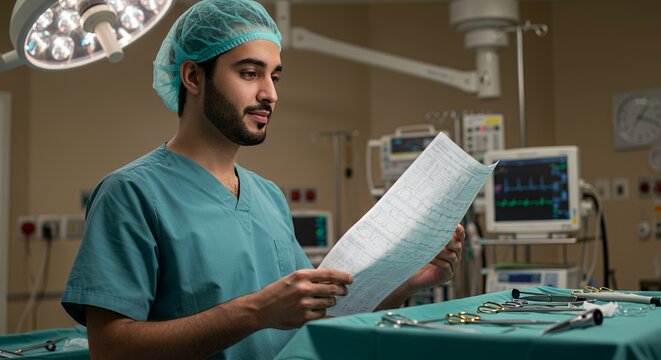 Focused young surgeon carefully reviews medical charts in a modern operating room, preparing for a complex procedure.
