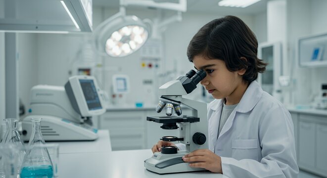 Young scientist intently examines a sample under a microscope in a modern laboratory setting, showcasing curiosity and scientific exploration. - Powered by Adobe