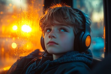 Boy Listening to Music on Public Transport