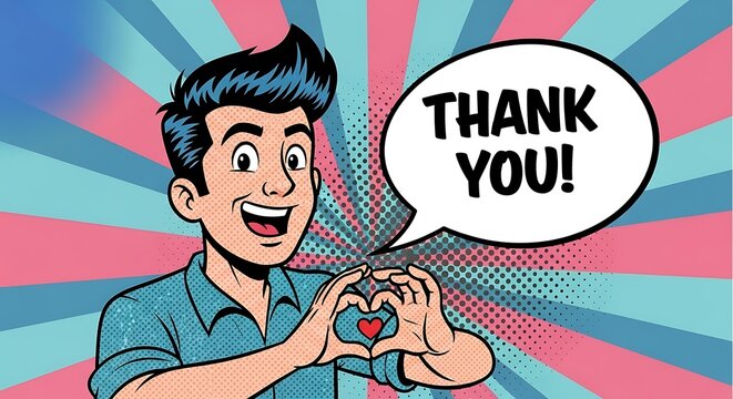 Cartoon man expressing gratitude with a heart gesture and a speech bubble saying "Thank You!".