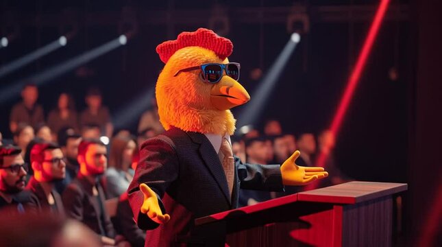 Rubber chicken wearing sunglasses and suit giving TED talk to serious audience
