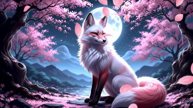 Magical fox in sakura blossom background with mythical and dreamy aesthetic
