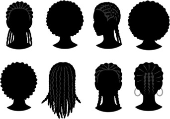 Set of silhouette afro girl. Collection of black woman face with stylized hairstyle. Vector illustration of girl head with stylized haircut.
