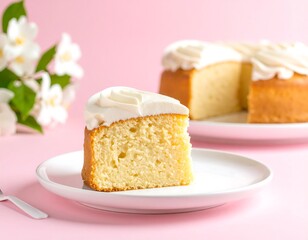 Delightful angel food cake slice with vanilla frosting served on a white plate against a soft pink background