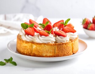 Delicious angel cake with fresh strawberries and whipped cream on a clean white background