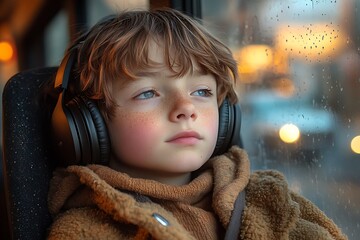 Young Boy Listening to Music on Public Transport