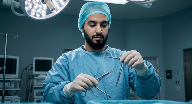 Focused surgeon meticulously examines surgical instruments in a modern operating room, showcasing precision and expertise.