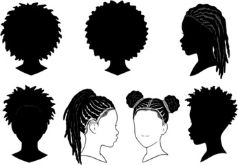 Set of silhouette afro girl. Collection of black woman face with stylized hairstyle. Vector illustration of girl head with stylized haircut.
