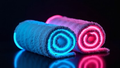 Soft towels illuminated by neon lights create a vibrant and modern atmosphere in a contemporary bathroom setting