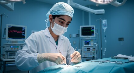 Focused young surgeon meticulously performs surgery in a modern operating room, showcasing precision and dedication to the medical profession.