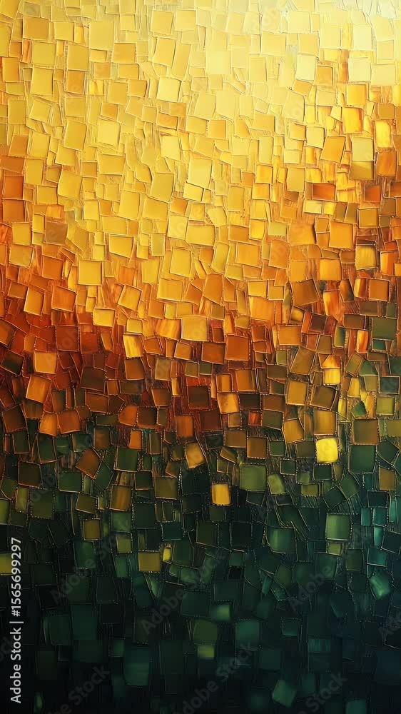 Poster abstract vertical artwork mosaic of golden and emerald square tiles. gradient color effect creates a