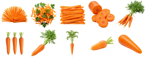 Fresh carrots arranged in various shapes and sizes on white background, set  