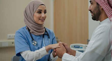 Compassionate female doctor in hijab comforts a male patient, offering reassurance and support during a hospital visit.