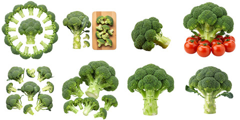 Broccoli collection on white background with fresh tomatoes on side, set  
