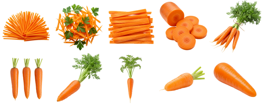 Fresh carrots arranged in various shapes and sizes on white background, set  