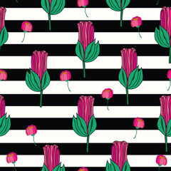 rose petal buds with big close roses on black stripes seamless pattern. Close roses with small pink buds seamless pattern. It is good for decorations, fabric, textile, prints and more.