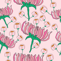 pink flowers with floral buds on light pink background seamless pattern. pink colored big flowers with buds on light orange pink background seamless pattern. Good for fabric, textile, tile.