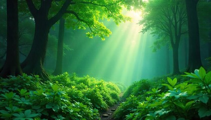 Tranquil Misty Forest Sunlight Filtering Through Lush Green Canopy, Glistening Leaves, Magical Atmosphere