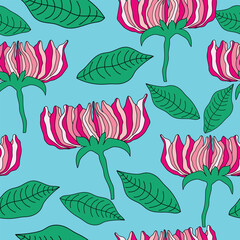 pink flowers with tints and shades with leaves on blue background seamless pattern. Colorful pink roses with green leaves seamless pattern. Good for fabric, textile, decorations, wrapping and more.
