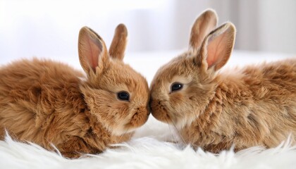 Obraz premium Two Fluffy Rabbits Nuzzling on Light Background
